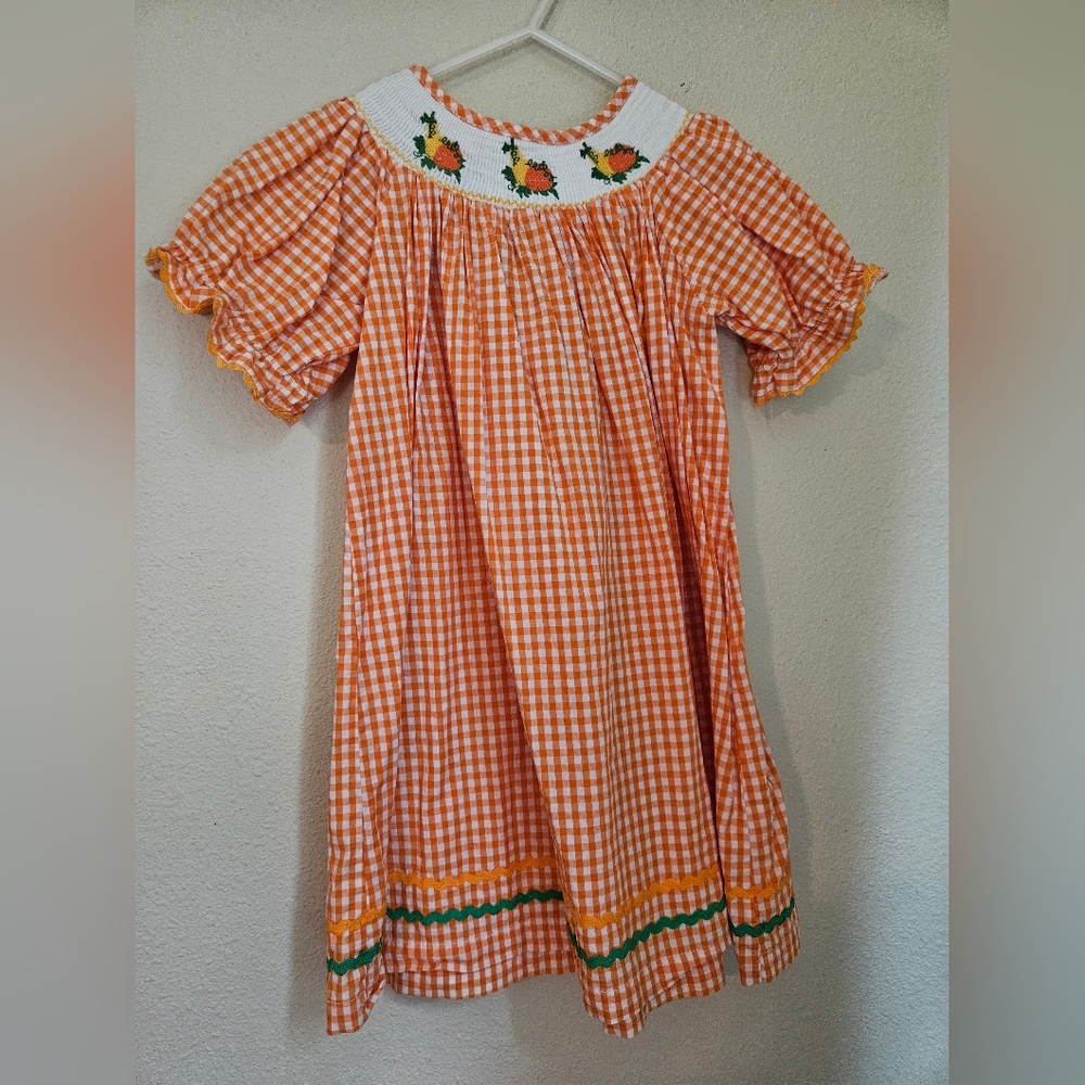 Orange Gingham Dress with Fall Embroidery